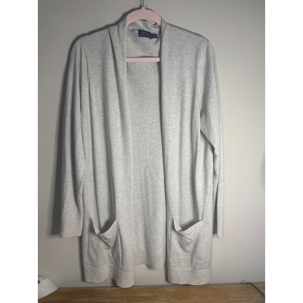 Polo Ralph Lauren Light Gray Open Front Shawl Collar Cardigan Sweater Large‎